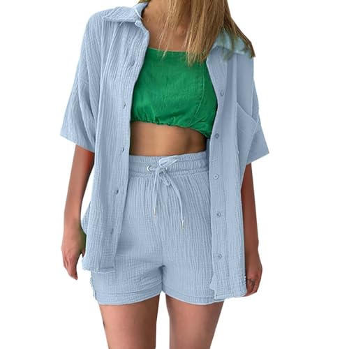 Summer Zweiteiler Damen Musselin Bluse Set, Elegant Leinen Bluse Hemd Und Shorts Einfarbig Lounge Set Strand Y2k Clothes Baumwolle Sportanzug Oversize Freizeitanzug Kurzarm Hausanzug Outfits A von ReSin90s