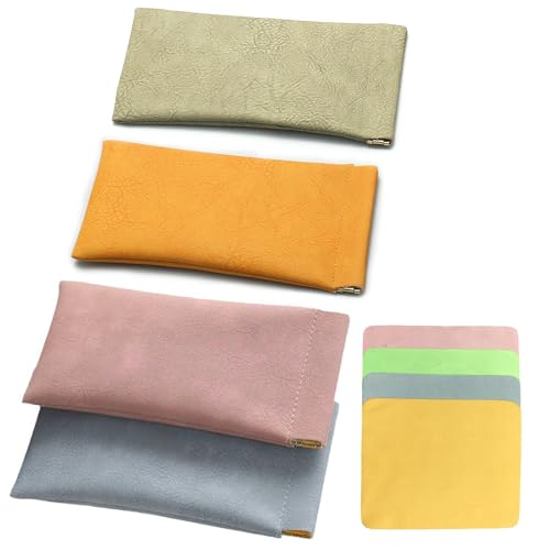 ReaJoys Brillenetui Weich Leder 4 Stück Brillentasche Sonnenbrillen Etui Weiche Brillenetui Flach mit Brillenputztuch für Damen Herren von ReaJoys