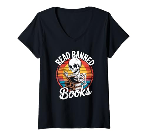 Damen Vintage Read Banned Books Skelett Totenkopf Buch Wurm Lesen T-Shirt mit V-Ausschnitt Damen Vintage Read Banned Books Skelett Totenkopf Buch Wurm Lesen T-Shirt mit V-Ausschnitt von Read Banned Books Tee