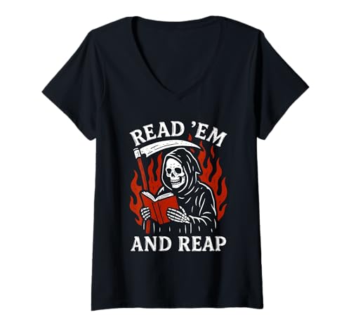 Damen Read 'em and Reap Lustiger Sensenmann Lesebuch Liebhaber T-Shirt mit V-Ausschnitt Damen Read 'em and Reap Lustiger Sensenmann Lesebuch Liebhaber T-Shirt mit V-Ausschnitt von Read More Books Bookworm Tees