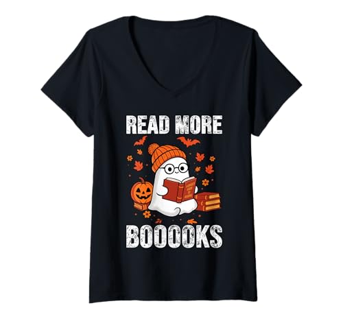 Damen Lesen Sie mehr Booooks Lustige süße Bücher zum Lesen von Büchern Halloween T-Shirt mit V-Ausschnitt von Read More Books Funny Halloween Cute Ghost Apparel