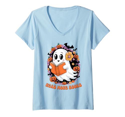 Damen Lesen Sie mehr Bücher Ghost with Flower Shirt Halloween Jack O T-Shirt mit V-Ausschnitt Damen Lesen Sie mehr Bücher Ghost with Flower Shirt Halloween Jack O T-Shirt mit V-Ausschnitt von Read More Books Ghost With Flower Tee Shirts for