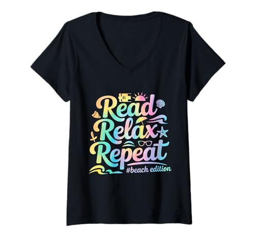 Damen Read Relax Repeat Beach T-Shirt mit V-Ausschnitt Damen Read Relax Repeat Beach T-Shirt mit V-Ausschnitt von Read Relax Repeat Beach Shirt