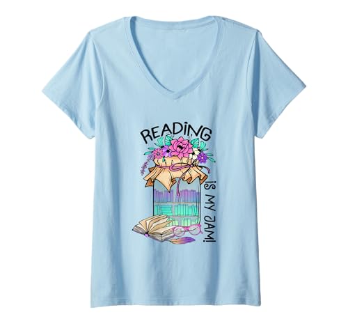 Damen Reading ist My Jam Book Lover Teacher Bookworm Library Reader T-Shirt mit V-Ausschnitt Damen Reading ist My Jam Book Lover Teacher Bookworm Library Reader T-Shirt mit V-Ausschnitt von Read Specialist & Librarian Bookish Girls Clothing
