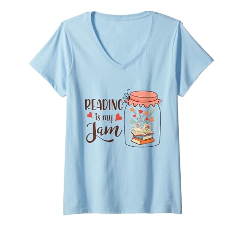 Damen Lesen ist Mein Jam Book Love Teacher Bookworm Library Reader T-Shirt mit V-Ausschnitt Damen Lesen ist Mein Jam Book Love Teacher Bookworm Library Reader T-Shirt mit V-Ausschnitt von Read Specialist & Librarian Bookish Women Graphics