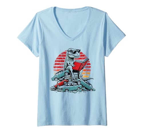 Damen Dino Lesen Lesen Bibliothekar Buch Männer Jungen Kinder T-Shirt mit V-Ausschnitt von Reading Book Lover Bookworm Librarian