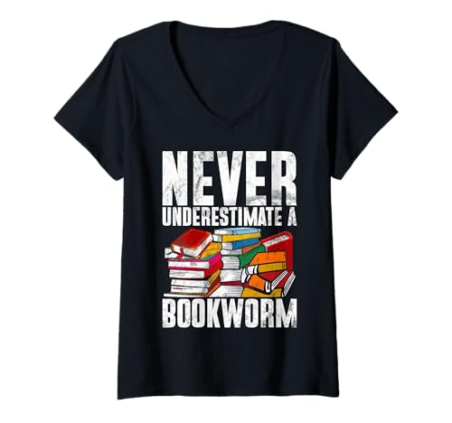 Damen Unterschätze Niemals einen Bücherwurm, einen Bibliothekar, einen Leserwurm T-Shirt mit V-Ausschnitt Damen Unterschätze Niemals einen Bücherwurm, einen Bibliothekar, einen Leserwurm T-Shirt mit V-Ausschnitt von Reading Bookish Book Nerd Reading Books Gifts