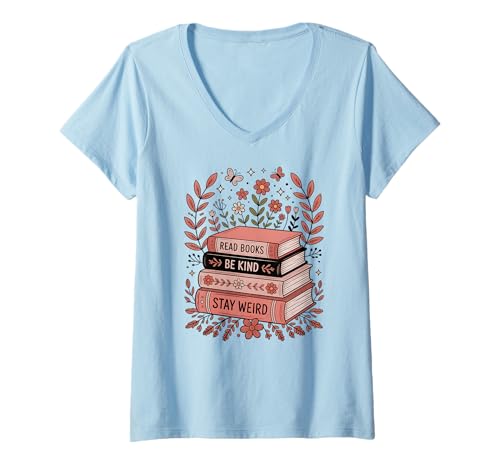 Damen Bücher lesen Sei nett Stay Weird Floral Book Lover T-Shirt mit V-Ausschnitt Damen Bücher lesen Sei nett Stay Weird Floral Book Lover T-Shirt mit V-Ausschnitt von Reading Bookworm Tees