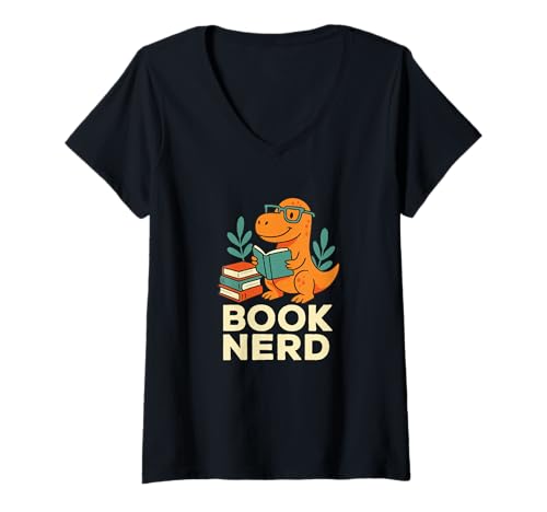 Damen Dinosaurier-Lesebuch Nerd lustige Grafik T-Shirt mit V-Ausschnitt Damen Dinosaurier-Lesebuch Nerd lustige Grafik T-Shirt mit V-Ausschnitt von Reading Dino Nerdy Bookworm Humor Tees