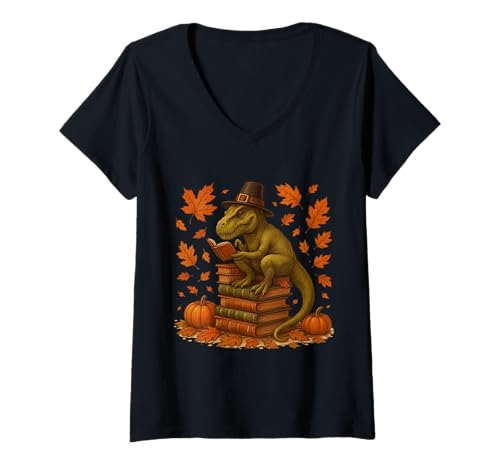 Damen Herbst Lesen Dinosaurier T Rex Kürbisse Blätter Thanksgiving T-Shirt mit V-Ausschnitt Damen Herbst Lesen Dinosaurier T Rex Kürbisse Blätter Thanksgiving T-Shirt mit V-Ausschnitt von Reading Dinosaur T Rex Pumpkin Leaves Thanksgiving