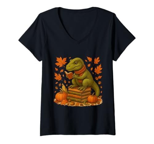 Damen Herbst Lesen Dinosaurier T Rex Kürbisse Blätter Thanksgiving T-Shirt mit V-Ausschnitt Damen Herbst Lesen Dinosaurier T Rex Kürbisse Blätter Thanksgiving T-Shirt mit V-Ausschnitt von Reading Dinosaur T Rex Pumpkin Leaves Thanksgiving