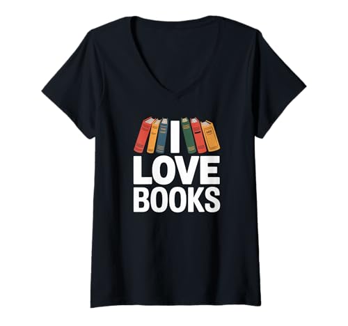 Damen I Love Books Bibliotheksregal T-Shirt mit V-Ausschnitt Damen I Love Books Bibliotheksregal T-Shirt mit V-Ausschnitt von Reading Enthusiast Literature Lovers