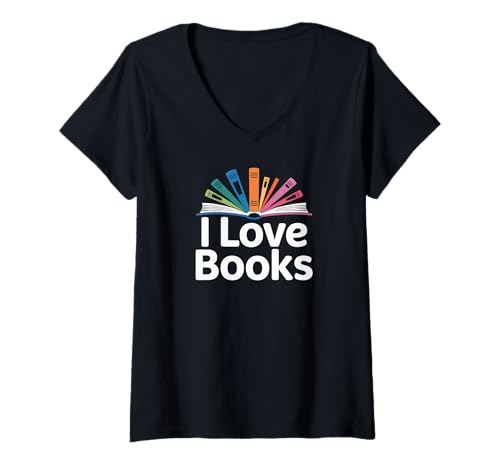 Damen I Love Books, lebendiges literarisches Design T-Shirt mit V-Ausschnitt Damen I Love Books, lebendiges literarisches Design T-Shirt mit V-Ausschnitt von Reading Enthusiasts Unite Colorful
