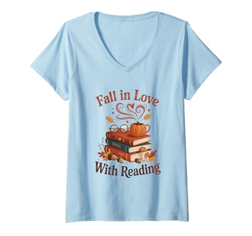 Damen Verlieben Sie Sich in das Lesen von Kürbis Herbstlaub Frauen Mädchen T-Shirt mit V-Ausschnitt Damen Verlieben Sie Sich in das Lesen von Kürbis Herbstlaub Frauen Mädchen T-Shirt mit V-Ausschnitt von Reading Fall Back to School Teacher Outfit