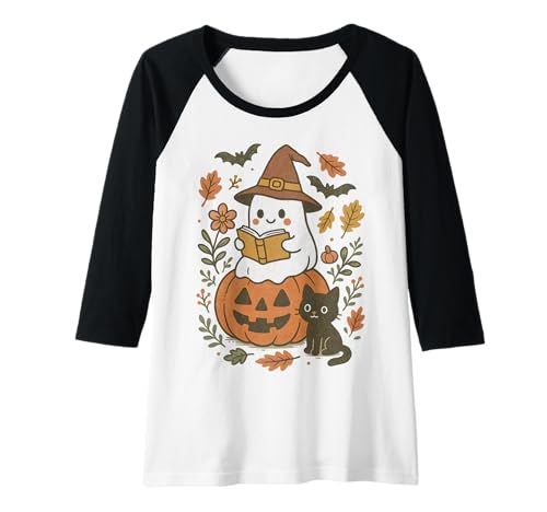 Damen Hexengeist und Schwarze Katze, niedlich, gruselig, Herbst, ästhetisch Raglan Damen Hexengeist und Schwarze Katze, niedlich, gruselig, Herbst, ästhetisch Raglan von Reading Ghost by UNK