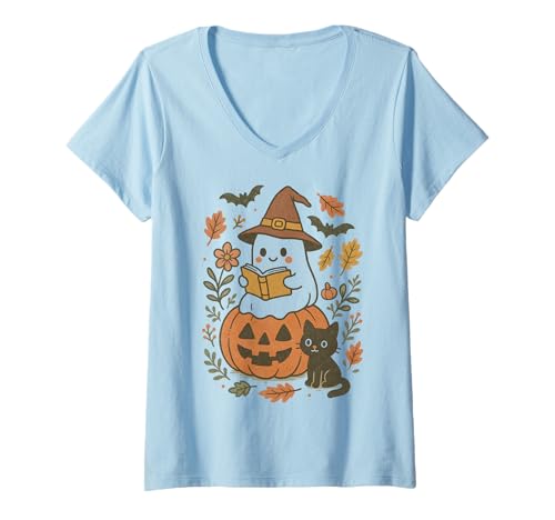 Damen Hexengeist und Schwarze Katze, niedlich, gruselig, Herbst, ästhetisch T-Shirt mit V-Ausschnitt Damen Hexengeist und Schwarze Katze, niedlich, gruselig, Herbst, ästhetisch T-Shirt mit V-Ausschnitt von Reading Ghost by UNK