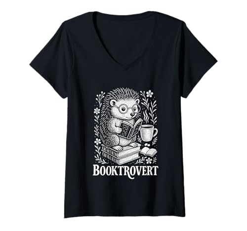 Damen Igelbuch Liebhaber Kaffee Lesebibliothek Waldtier T-Shirt mit V-Ausschnitt Damen Igelbuch Liebhaber Kaffee Lesebibliothek Waldtier T-Shirt mit V-Ausschnitt von Reading Hedgehog with Coffee Cute Bookworm Merch