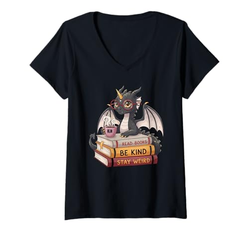Damen Lustiger Drachenleser Bücher Sei nett, bleib komisch, Bücherwurm-Leser T-Shirt mit V-Ausschnitt Damen Lustiger Drachenleser Bücher Sei nett, bleib komisch, Bücherwurm-Leser T-Shirt mit V-Ausschnitt von Reading Kindness Weirdness Dragon Club