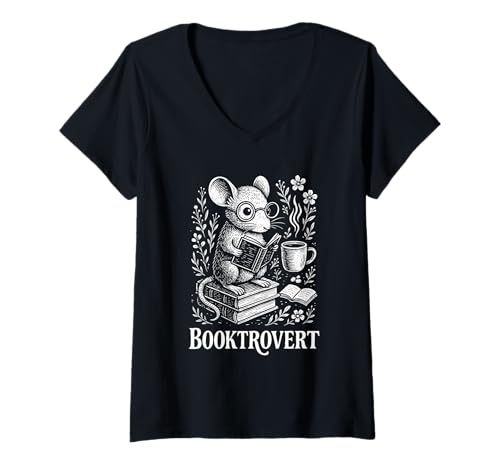 Damen Bibliothek mit Maus, Buchliebhaber, Kaffee, Lesen, Tierkunst im Wald T-Shirt mit V-Ausschnitt Damen Bibliothek mit Maus, Buchliebhaber, Kaffee, Lesen, Tierkunst im Wald T-Shirt mit V-Ausschnitt von Reading Mouse with Coffee Cute Bookworm Merch