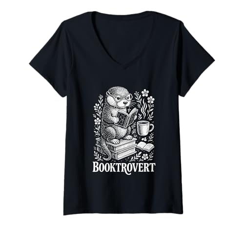 Damen Otter Buchliebhaber Kaffee Lesebibliothek Wald Tier Kunst T-Shirt mit V-Ausschnitt von Reading Otter with Coffee Cute Bookworm Merch