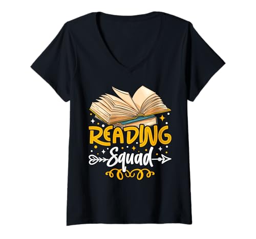 Damen Kader Reading T-Shirt mit V-Ausschnitt von Reading Squad Read Books Gift Cute Literature Team