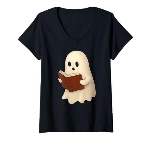 Damen Cute Ghost Reading Book Halloween T-Shirt mit V-Ausschnitt Damen Cute Ghost Reading Book Halloween T-Shirt mit V-Ausschnitt von Reading Squad