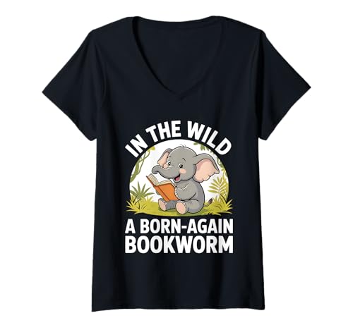 Damen Reading Elephant Bookworm Book Reader Kids T-Shirt mit V-Ausschnitt Damen Reading Elephant Bookworm Book Reader Kids T-Shirt mit V-Ausschnitt von Reading Zoo Animals Book Lover Apparel
