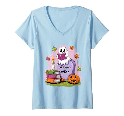 Damen Reading in Peace Shirt, niedliche Halloween-Grafik mit Geistergrab T-Shirt mit V-Ausschnitt von Reading in Peace Tee Shirts for Halloween