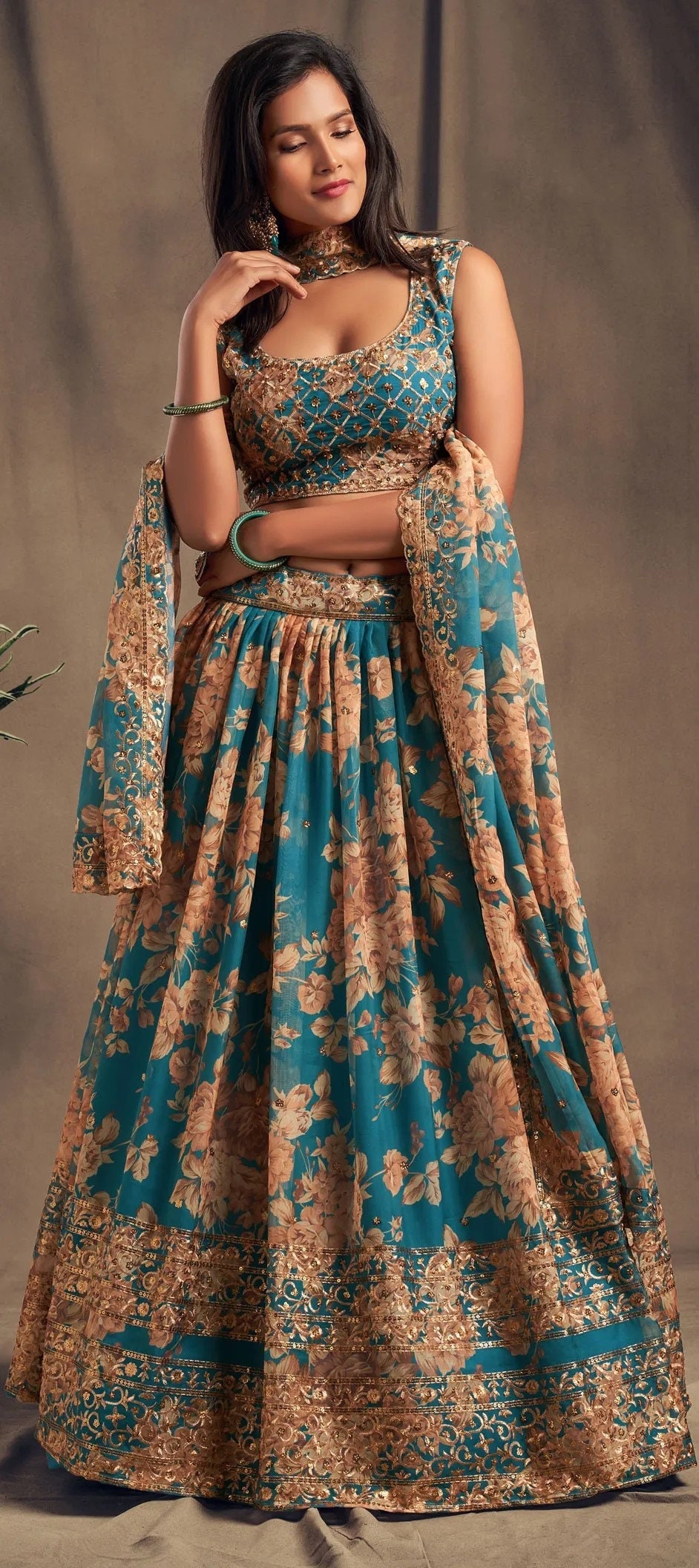 Organza Seide Festliche Lehenga in Blau Mit Gedruckter Arbeit 1756301 von ReadiprintDesigns