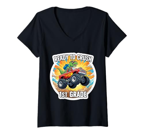 Damen Ready to Crush 1. Klasse T-Rex Dino Monster Truck Schule T-Shirt mit V-Ausschnitt von Ready To Crush 1st Grade Products