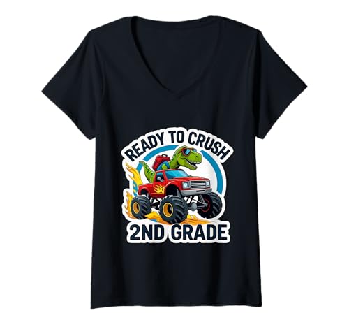 Damen Bereit, T-Rex Dino Monster Truck School der 2. Klasse zu vernichten T-Shirt mit V-Ausschnitt von Ready To Crush 2nd Grade Products