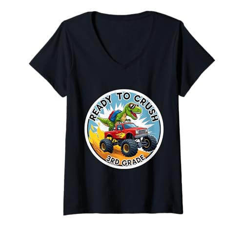 Damen Bereit, T-Rex Dino Monster Truck School der 3. Klasse zu vernichten T-Shirt mit V-Ausschnitt von Ready To Crush 3rd Grade Products