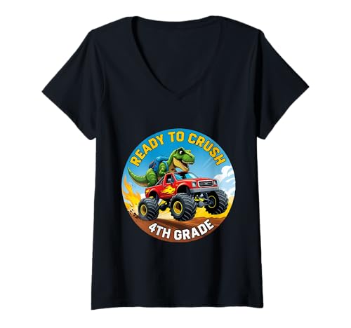 Damen Bereit, T-Rex Dino Monster Truck School der 4. Klasse zu vernichten T-Shirt mit V-Ausschnitt von Ready To Crush 4th Grade Products