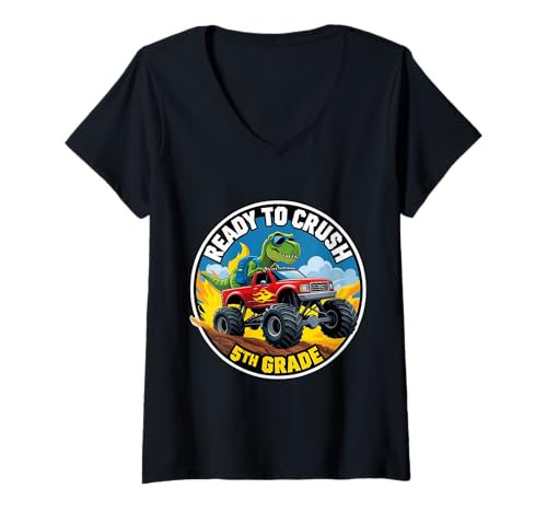 Damen Bereit, T-Rex Dino Monster Truck School der 5. Klasse zu vernichten T-Shirt mit V-Ausschnitt von Ready To Crush 5th Grade Products