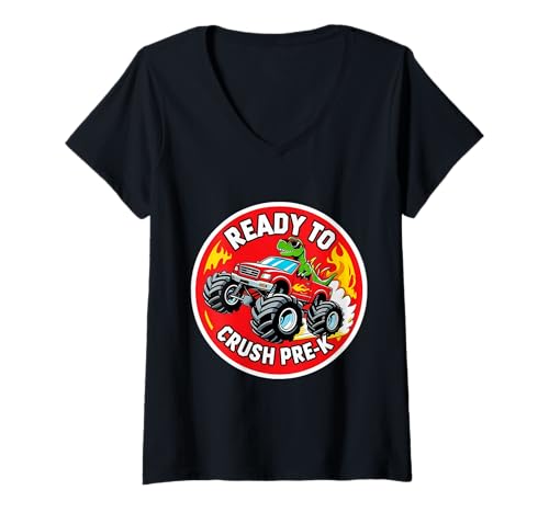 Damen Ready To Crush Pre-K T-Rex Dino Monster Truck für Schüler T-Shirt mit V-Ausschnitt von Ready To Crush Pre-K Products