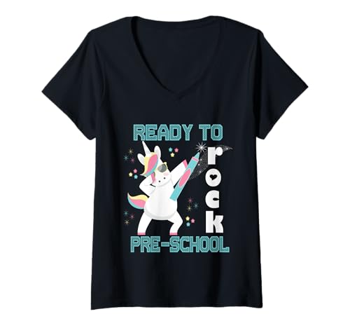 Damen Ready to Rock Vorschule Back to School Studenten Lehrer T-Shirt mit V-Ausschnitt von Ready To Rock 1 Pre-K Back To School Sapphire Star