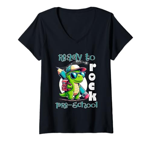 Damen Ready to Rock Vorschule Back to School Studenten Lehrer T-Shirt mit V-Ausschnitt von Ready To Rock PreK Back To School DN Sapphire Star