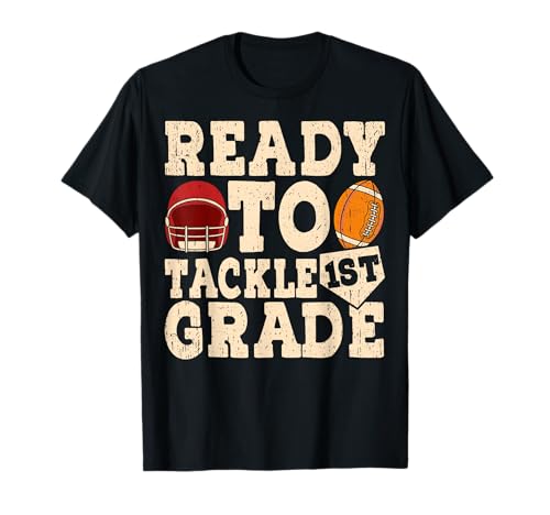 Bereit für Fußball-Jungs vom Schulanfang in der ersten Klasse T-Shirt von Ready To Tackle 1st Grade First Day of School Tee