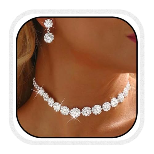 Reaky Brautschmuck-Set, silberne Strass-Ohrringe und Halsketten-Sets, Hochzeits- und Abschlussballschmuck für Frauen (2er-Pack) von Reaky