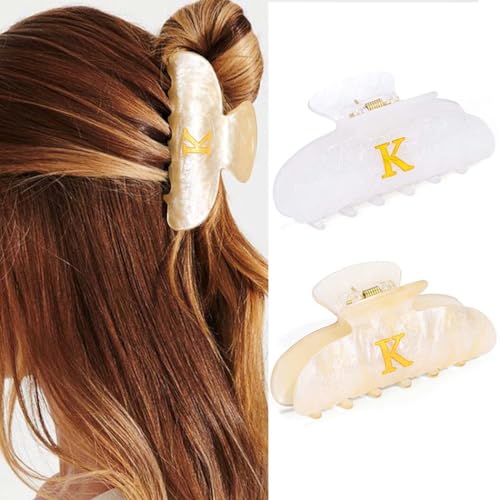 Reaky Haarspangen aus Acryl mit Buchstaben-Krallenclips, süße Haarspange, stilvolles Haar-Accessoire für Frauen (Champagner+Weiß-K) von Reaky