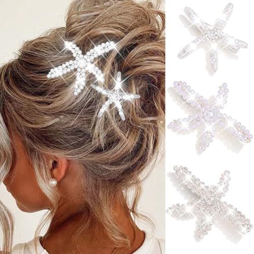 Reaky Haarspangen mit Seestern-Motiv, Meerjungfrau-Haarspange, 3 Stück, Perlenspangen, Strass-Haarschmuck für Damen (Silver) von Reaky