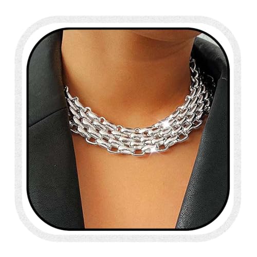 Reaky Klobiges Halsketten-Set, silberne Choker-Neclaces, Punk-Mehrfachkette für Damen (2er-Pack) von Reaky