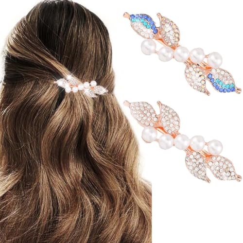 Reaky Perlen-Haarspangen, goldfarbene Metall-Haarspange mit Strasssteinen, Haarspangen, Haarschmuck für Damen (blau+weiß) von Reaky
