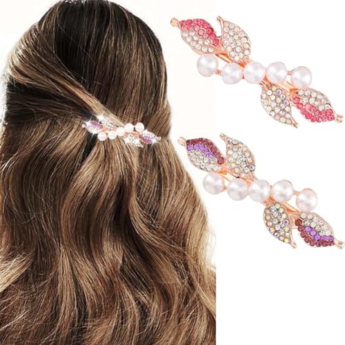 Reaky Perlen-Haarspangen, goldfarbene Metall-Haarspange mit Strasssteinen, Haarspangen, Haarschmuck für Damen (lila+pink) von Reaky