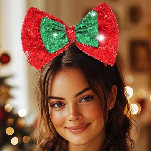 Reaky Stirnband mit Schleife, Knoten, Pailletten, Haarbänder, Weihnachten, Festival, Kopfschmuck, Stretch, große Schleife, Haarschmuck für Frauen und Mädchen, 1 Stück (rot und grün) von Reaky