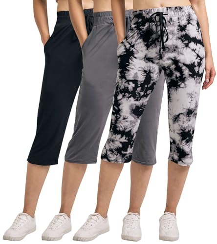 Real Essentials 3er-Pack: Damen Capri Silky Soft Open Bottom Sweatpants mit Kordelzug - (erhältlich in Übergröße), Set 2, XX-Large von Real Essentials