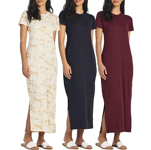 Real Essentials 3er-Pack Damen Casual Kurzarm Maxi T-Shirt Sommerkleid mit Schlitz (in Übergröße erhältlich), Set 3, X-Groß von Real Essentials