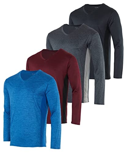 4er-Pack: Herren V-Ausschnitt Langarm Dry Fit Active T-Shirt – Angeln Schwimmen Sonnenschutz UPF 50+ (erhältlich in Groß und Hoch), Set 3, Klein von Real Essentials