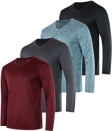 Real Essentials 4er Pack Herren Dry Fit Langarm V-Ausschnitt Active T-Shirt - Athletic Outdoor UPF 50+ (erhältlich in Big & Tall), Set 1, L von Real Essentials