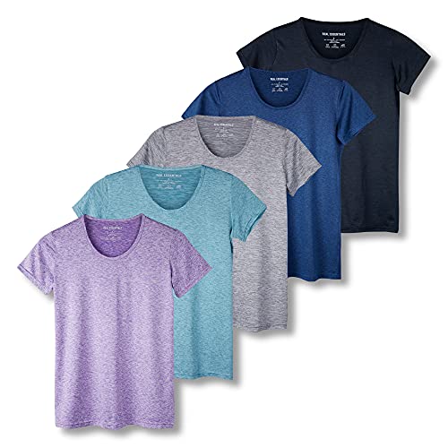 5er Pack Damen Kurzarm Rundhals T-Shirt Dry-Fit Athletic Performance Yoga Activewear Workout Top (Regular & Plus Size), Set 1, Groß von Real Essentials